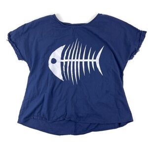 Graphic Tshirt Womens Fish Navy Blue Short Sleeve Fringe Cuff